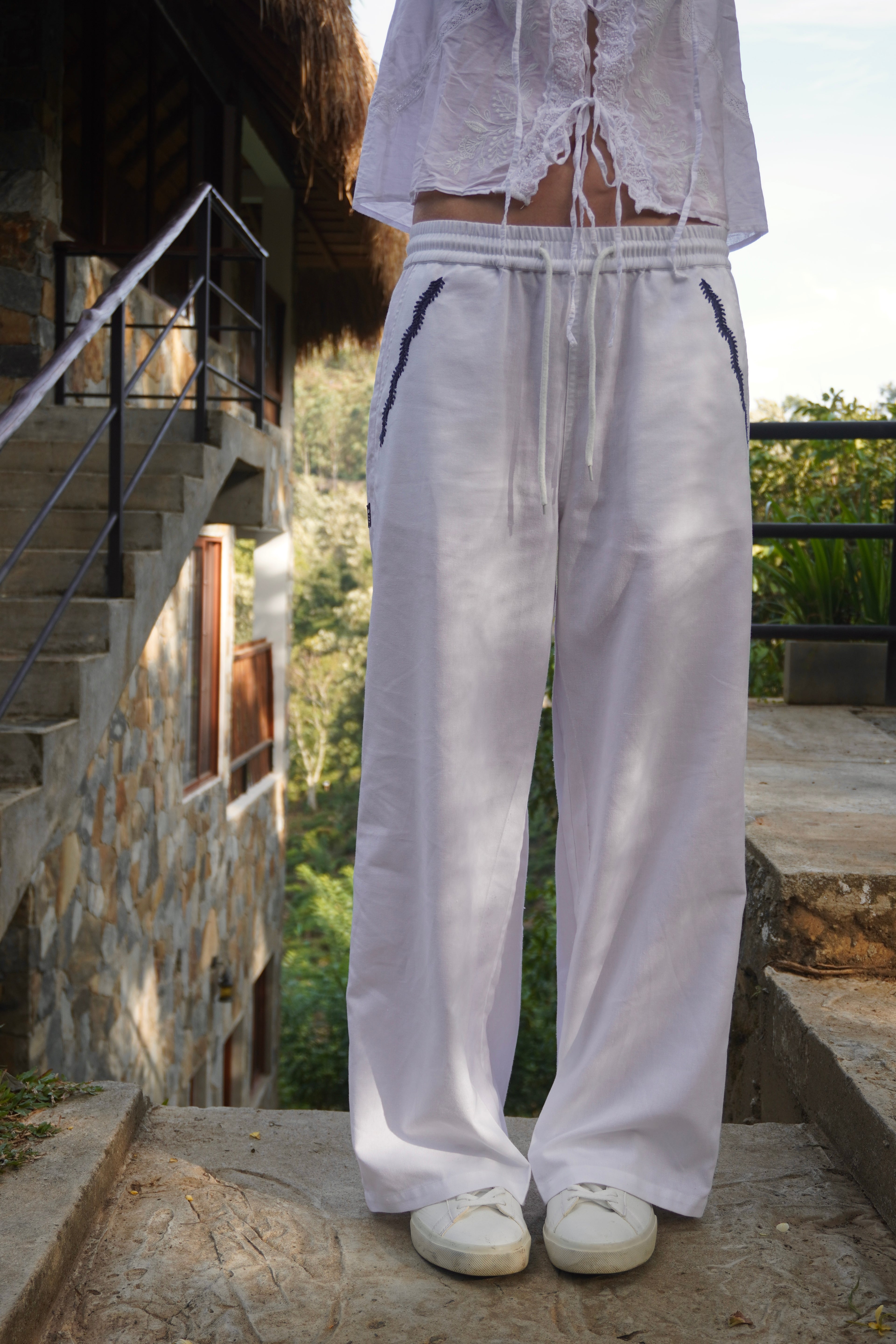 White Wide Leg Ellipsis Trousers
